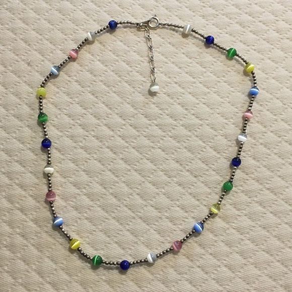 VTG Sterling Silver Multicolor Cats Eye Station Beaded Choker Necklace Extension - Picture 8 of 15